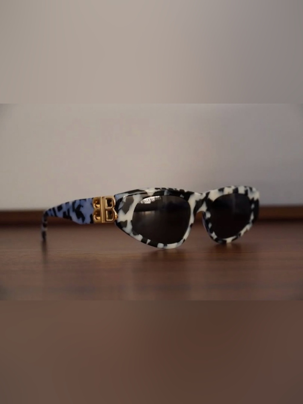 Balenciaga White & Black Tortoise Sunglasses with Gold BB Detail